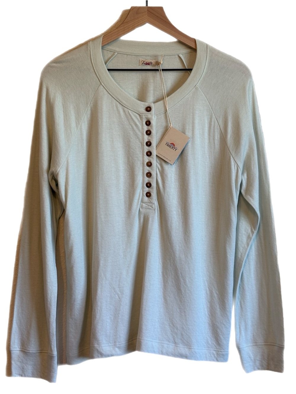 Faherty Cloud Henley New Long Sleeve Pima Women’s Pale Seafoam Green L Basic